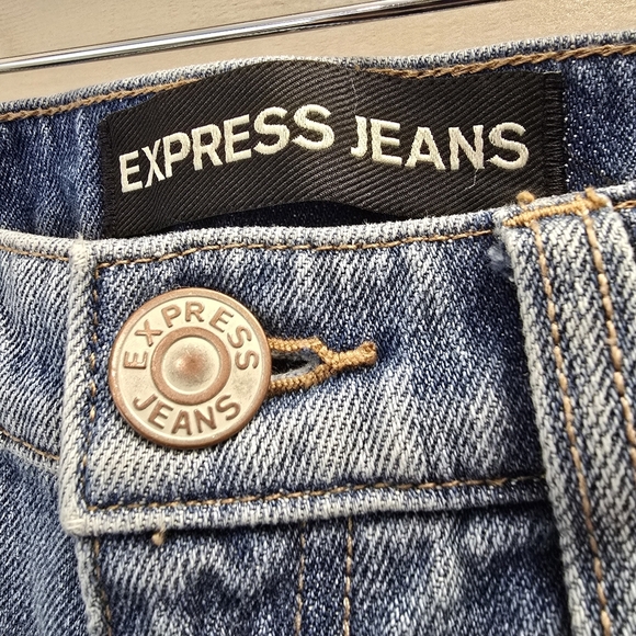 {4R} EXPRESS Original Girlfriend Two Toned Blue Denim Jeans Raw Hem - Picture 7 of 13